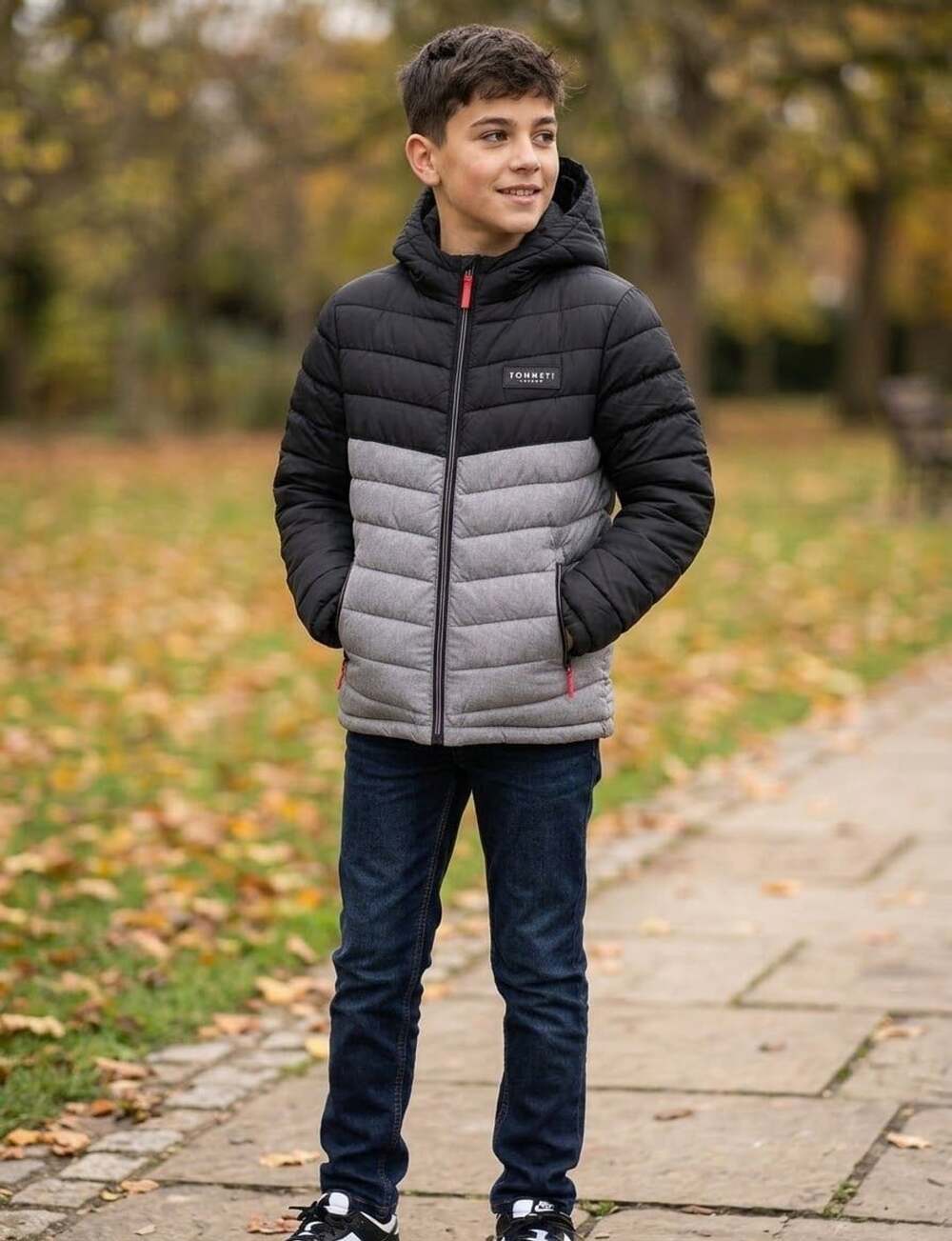 Sonneti London Puffer Jacket Black Gray Winter Hooded Coat Sz Youth Large